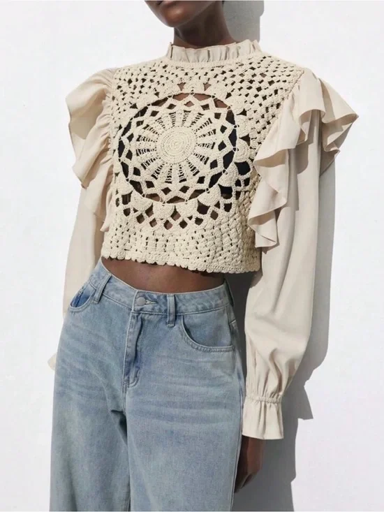 Zara Long Sleeve Crochet Ruffle Top - Festival Boho Cream Ecru