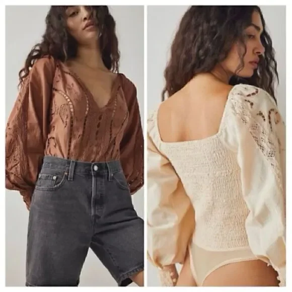NWOT Free People Regina Bodysuit Top Thong Eyelet Balloon Sleeves Smocked Retro