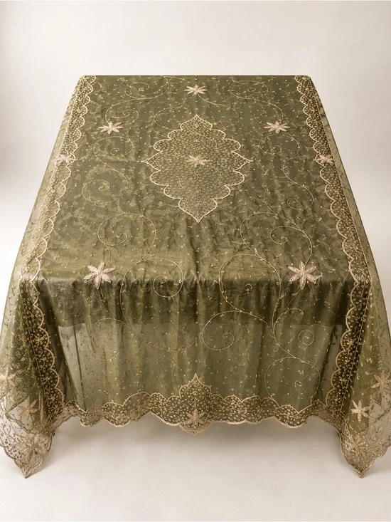 Vintage Style Sheer Gold Embroidered Floral Tablecloth 42” x 83”