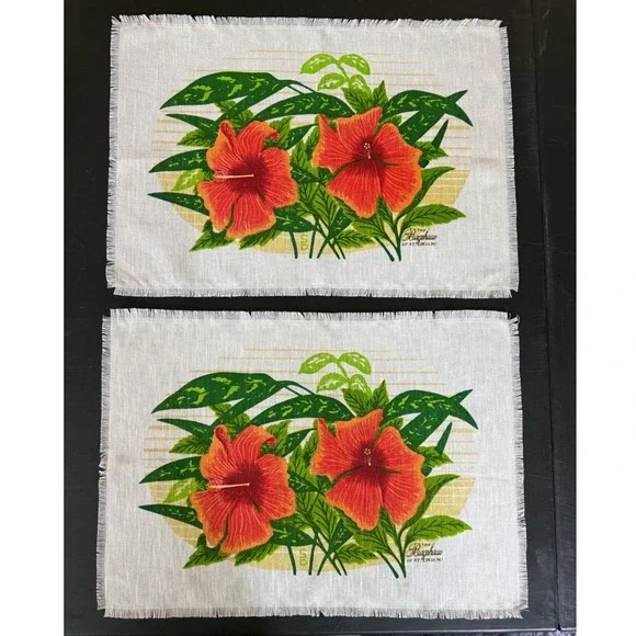 Vintage Bagshaws of St Lucia Hibiscus Linen Placemats Set of 2 Floral White Red