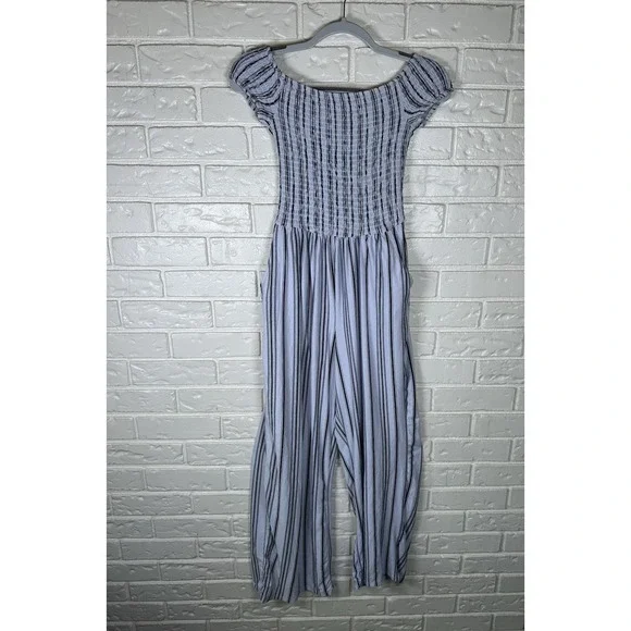 Justify L Smocked Off Shoulder Striped Jumpsuit Blue White Wide Leg Boho‎
