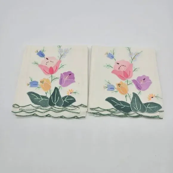 Vtg Hand-Appliquéd and Embroidered Cotton Guest Tea Towels Retro Shabby Chic