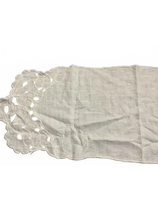 Vintage White Linen Table Runner with Floral Cutwork Embroidery 37”x 12”
