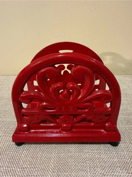 Vintage Red Ceramic Scrollwork Napkin Holder Heavy Centerpiece Home Decor