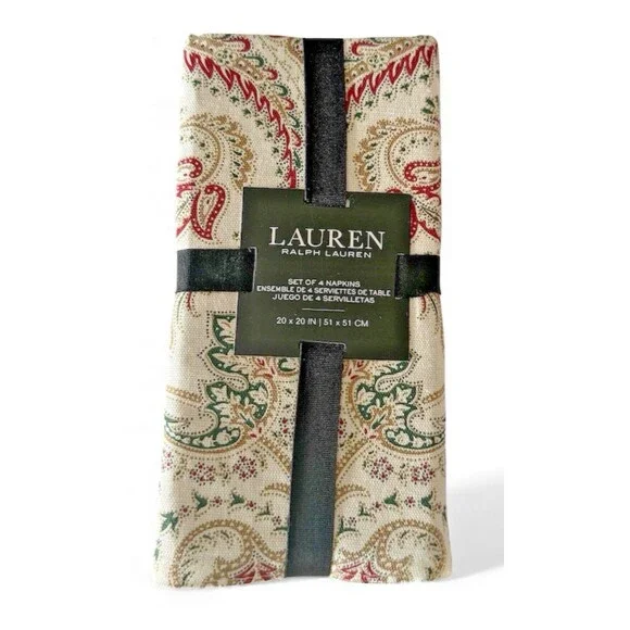Ralph Lauren Paisley Napkins Fabric Holiday Ivory Red Gold Green Set Of 4
