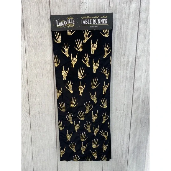 Lunaville Table Runner Black Gold Metallic Skeleton Hand Beaded Nails Halloween
