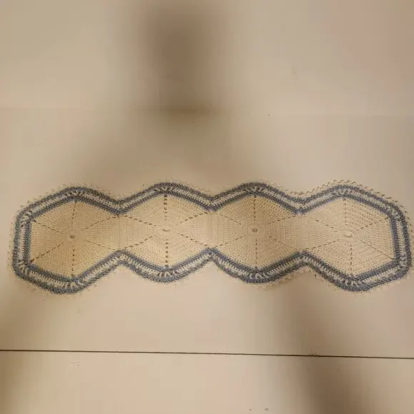 Vintage Hand Crotched Table Runner Blue & White