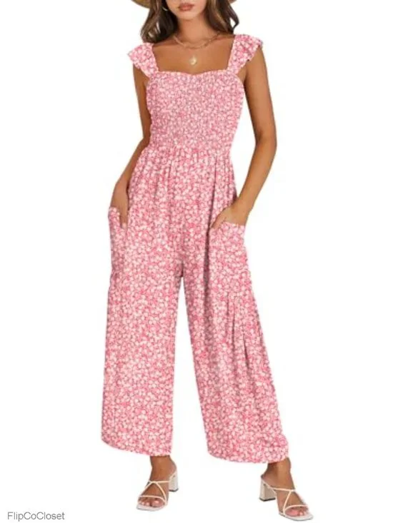 Wide Leg Sleeveless Smocked Jumpsuit Romper Casual Beach Summer Outfit