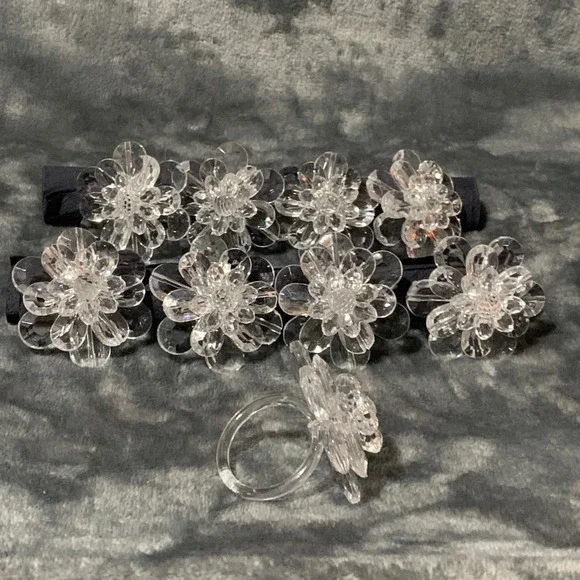Clear Acrylic Flower Napkin Rings 3D Floral Set of 9 Party Wedding Shower