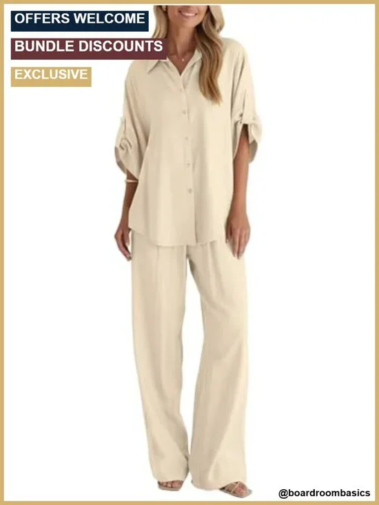 Women's 2 Piece Linen Button Up Shirt and Wide Leg Pant Set Lounge Business