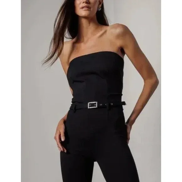 Generation Love Women's Tessa Ponte Jumpsuit 2 Black Fitted Stretch‎ Belted NEW