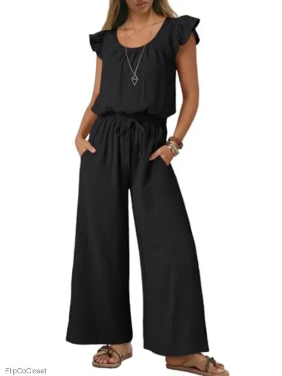 Women's Square Neck Ruffle Sleeve Drawstring Wide Leg Jumpsuit Romper with
