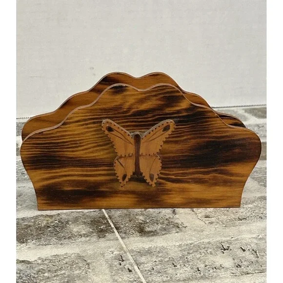 Vintage 1960’s Wooden Rustic Napkin Or Letter Holder With Butterfly Appliqué