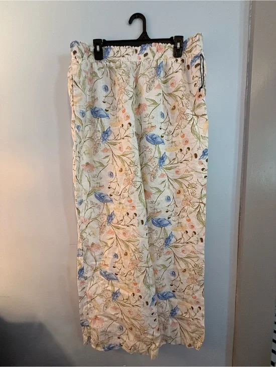 Saks Fifth Avenue Floral Wide Leg Pants 100% Cotton‎ Size XL EUC