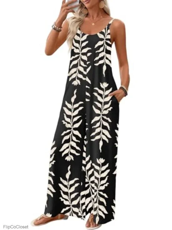 Sleeveless Wide Leg Floral Print Jumpsuit with Pockets