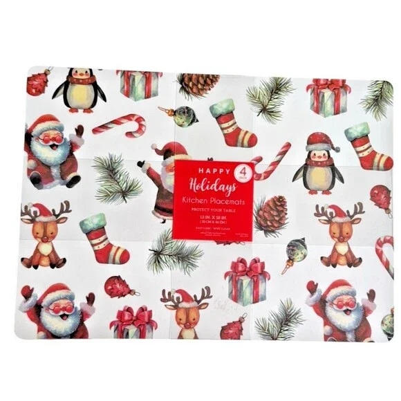 Christmas Placemats Santa Reindeer Set of 4 Vinyl Foam Back Holiday 13x18