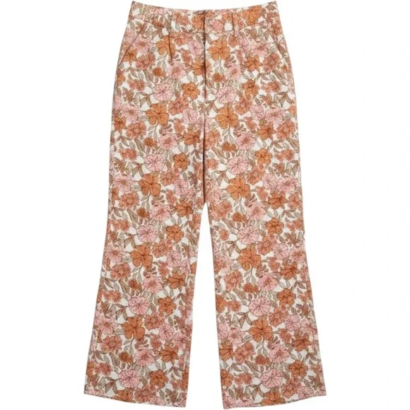 Amalie Floral Wide Leg Flare‎ Pants Pink Terracotta Boho High Waist Size 10