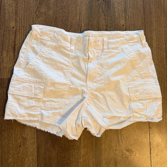 American Eagle Cargo Shorts Womens 12 White High‎ Rise Raw Hem Stretch Utility