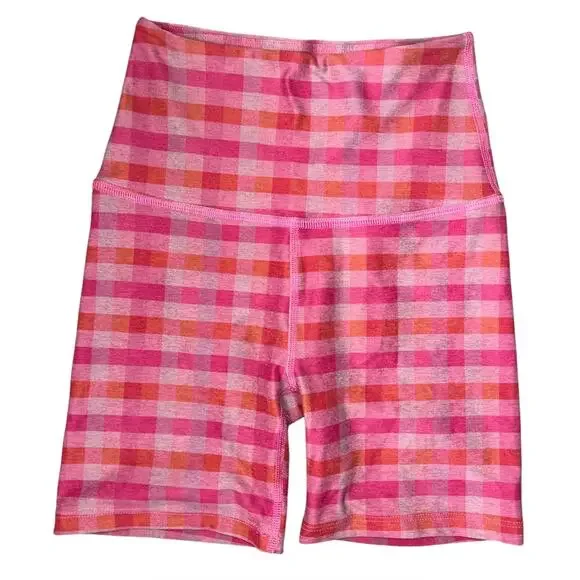 Beyond yoga pink gingham biker shorts activewear yoga workout XS feminine plaid