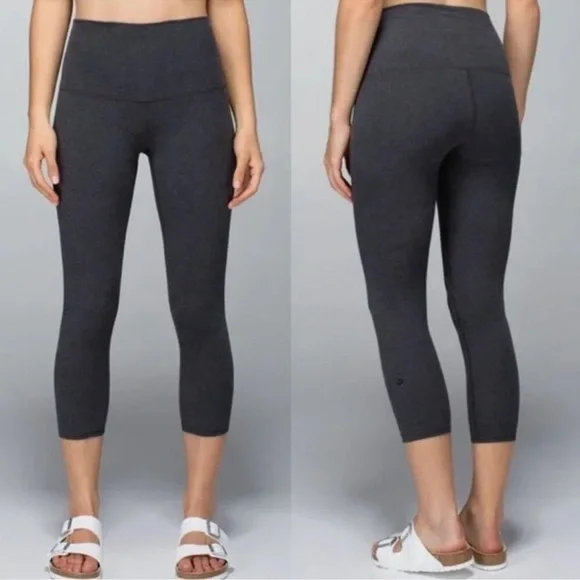 LULULEMON Wunder Under Crop Leggings Cotton Roll Down Pants Heathered Black Sz 4