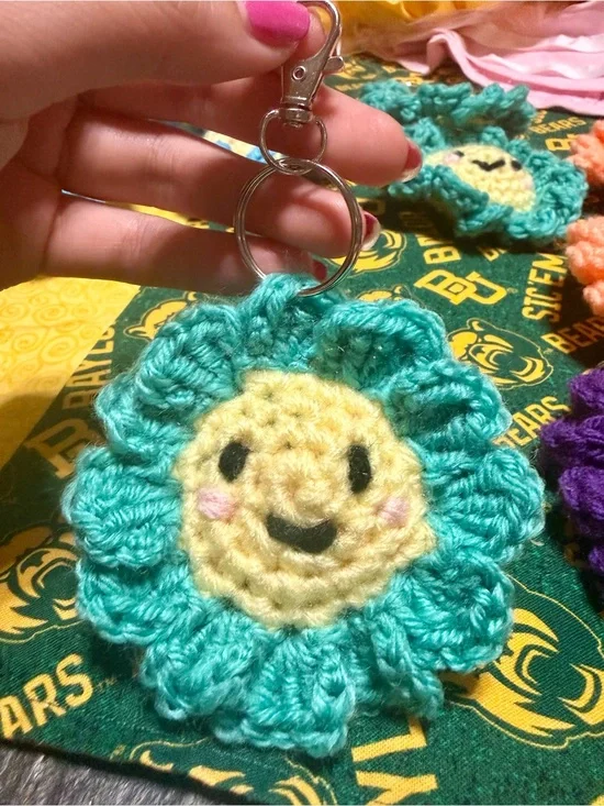 Handmade Turquoise Crochet Flower Keychain - Kids Accessories