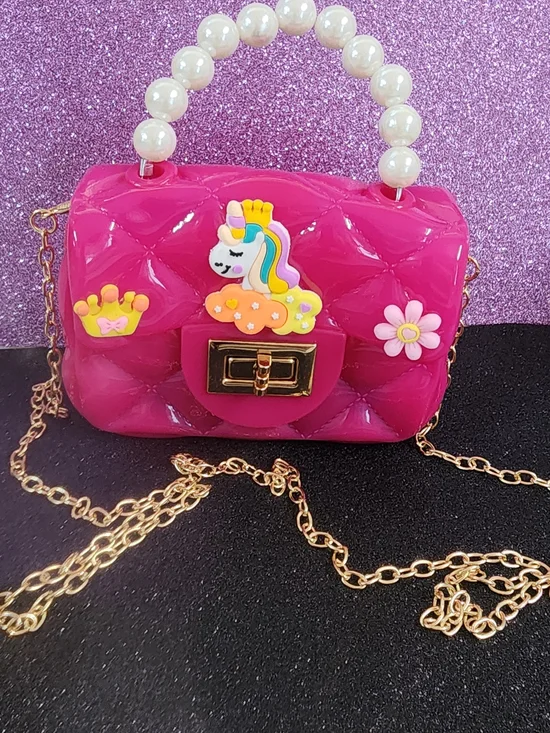 Pink Unicorn Pearl-Handle Kids Crossbody Jelly Purse