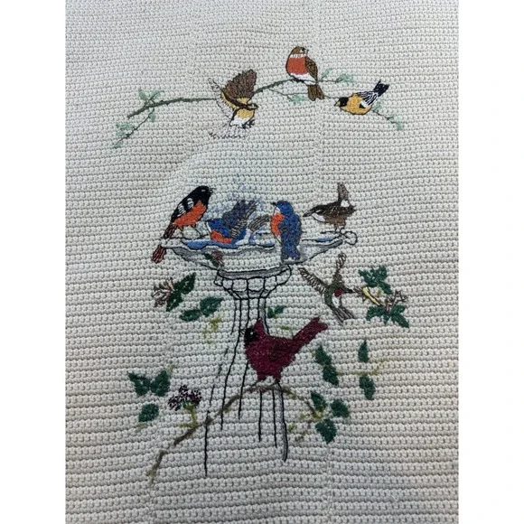 Handmade Colorful Birds Cream Crochet Knit Afghan Throw‎ Blanket w/ Fringe 37x57