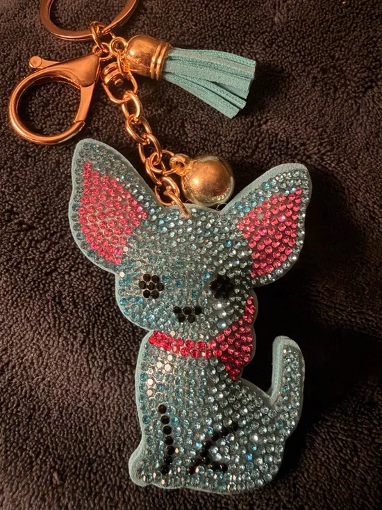 Sparkling Blue & Pink Dog Chihuahua Keychain Bag Charm Purse Backpack