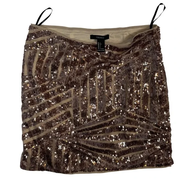 Forever 21 Women L Rose Gold‎ Sequin Mini Skirt Party Clubwear Bodycon Geometric