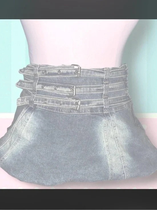 almost famous denim bubble mini skirt with belts and zipper on front