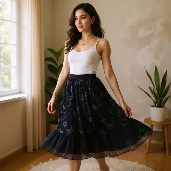 Vintage Spencer Alexis Cherry Blossom Burnout Midi Skirt Black L
