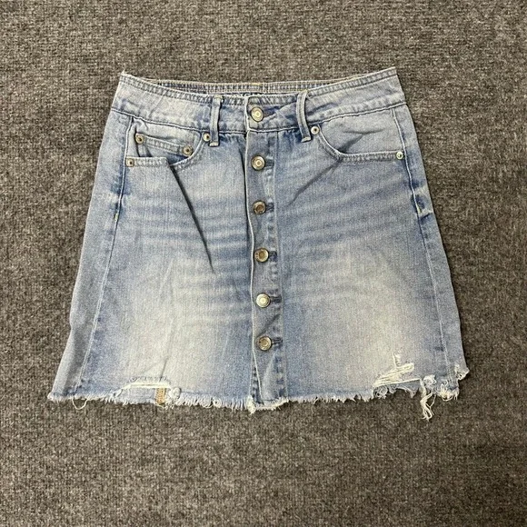 American Eagle Skirt Womens Size 2 Light Wash Denim Distressed Button Fly Mini