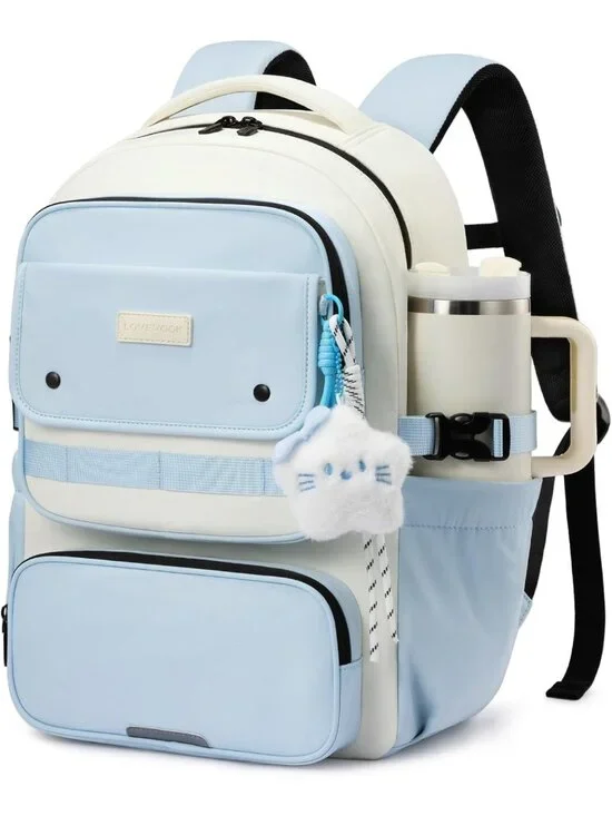 Cute Teen Girl School Backpack, Stylish 15.6 Inch Bookbag, Blue-Cream Color