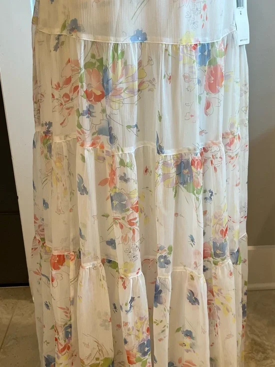 NWT Lauren Ralph Lauren Pauldina White Multi Floral Chiffon Maxi Skirt 6