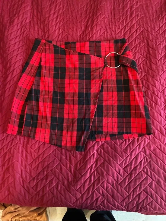 Almost Famous Red and Black Plaid Wrap Mini Skirt with Ring