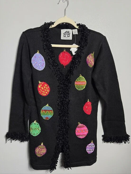 NWT Storybook Knits Black Beaded Sequin Christmas Ornament Cardigan Sweater XS