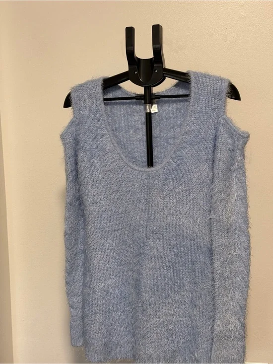 VENUS Light Blue Fuzzy Open Shoulder Scoop Neck Sweater