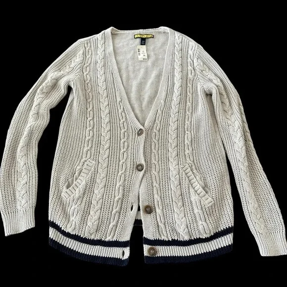 NWT Prince & Fox Medium Cable Cardigan Sweater Grandpa Oatmeal Navy New Longline