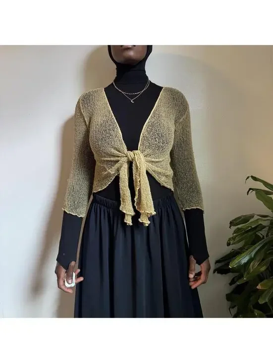 Y2K‎ Open Knit Mesh Shrug Cardigan Tie Front fits like L
