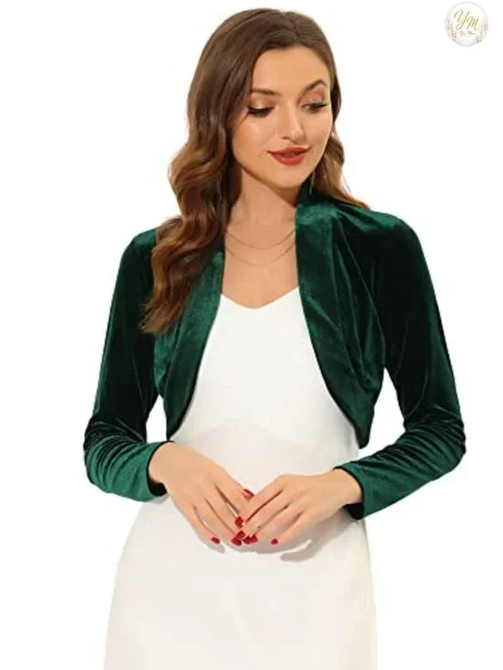 Velvet Open Front Cropped Bolero Cardigan Long Sleeve Shawl Neck Shrug