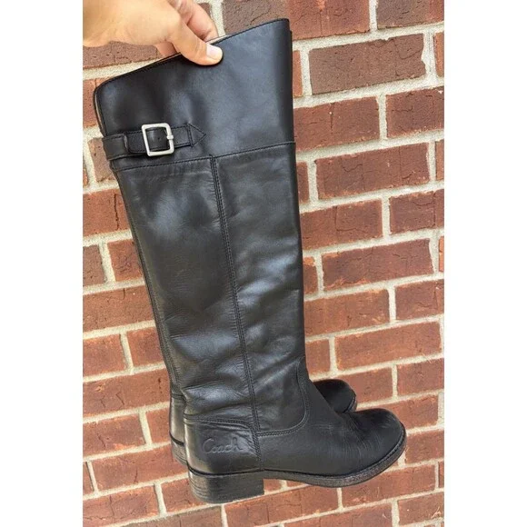 Coach Joele A7088 Black Leather Knee High Riding Boots Buckle Round Toe US 6.5 B