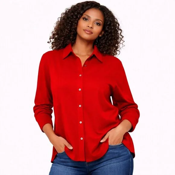 Jessica Scott Sport Women’s Red Button-Down Shirt | Long Sleeve Collared Top | S
