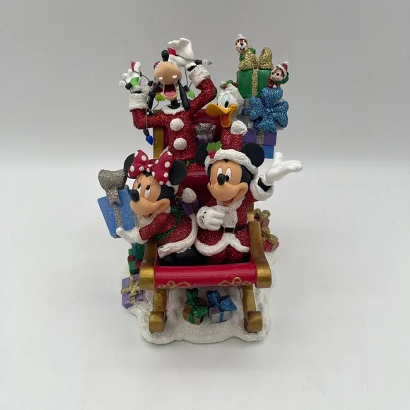 Disney Christmas Sleigh Figurine Mickey Minnie Donald Goofy Chip N Dale Glitter
