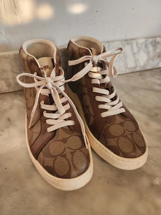 Coach Brown Signature High-Top Sneakers - Tan/White
