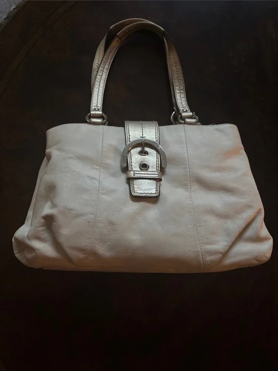 Coach Cream Leather Shoulder Bag with Silver Buckle
