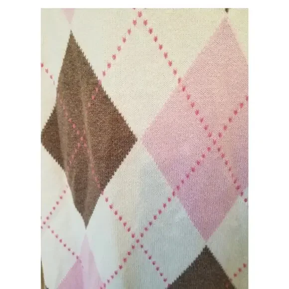 Vintage‎ Y2K Izod Argyle Golf Sweater Women's S V Neck Pink Brown Prep Summer