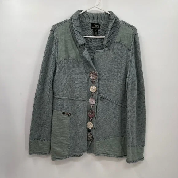 Pure Handknit‎ XS/S Button Up Cardigan Sweater Sage Green Cotton Bohemian