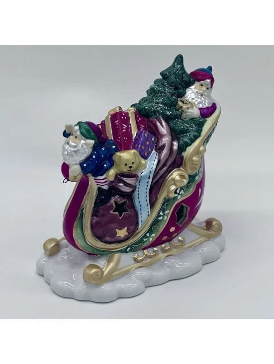 Santa’s Sleigh w Elves & Gifts Glazed Porcelain 24K Gold Trim Figurine by O’Well