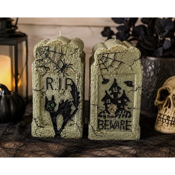 Target Halloween Tombstone Pillar Candles Set of 2 RIP Black Cat Haunted House