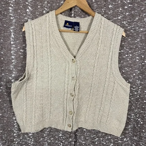 Vintage Liz Wear Womens Vest Large Beige Sweater Cable Knit Buttons Academia USA
